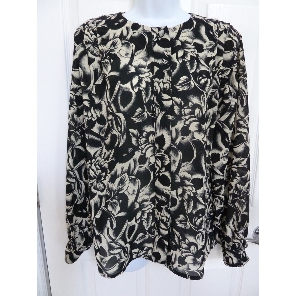 Laura & Jayne Blouse Sz 8 Black Cream Floral Pleated Shoulder Balloon Sleeve